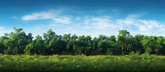 A scenic setting featuring lush trees and vibrant canes against a copy space image