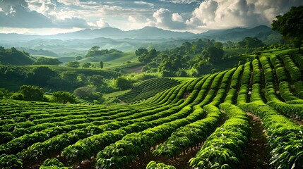 Verdant Tea Plantation at Sunset in Hills. Generative AI - Powered by Adobe