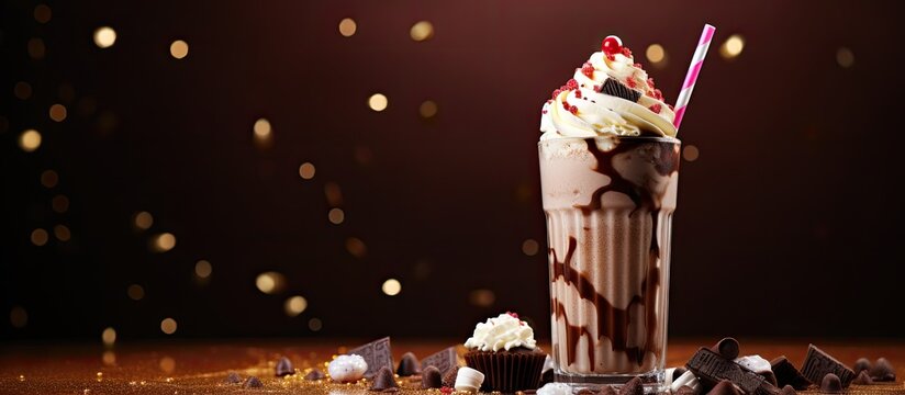 A mouthwatering chocolate extreme milkshake filled with a decadent brownie cake velvety chocolate paste and an assortment of delightful sweets embodying the crazy freakshake food trend Ample copy spa