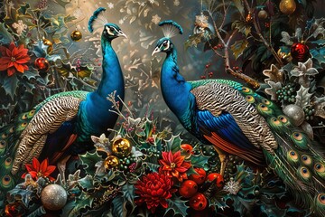 Obraz premium Peacocks in a panoramic scene with Christmas-themed plumage under a July sun