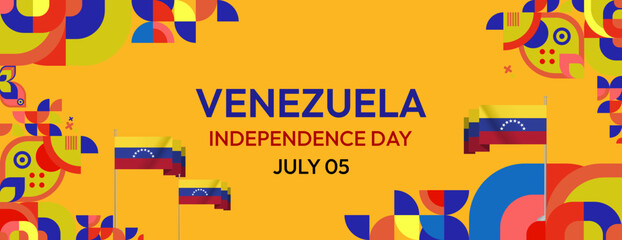 Venezuela Independence Day banner in modern geometric style. Wide banner with typography and also country flag. Background for national holiday celebration party. Happy Venezuela Independence Day
