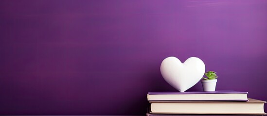 A minimal style copy space image showcasing a purple background with a small white heart containing patches surrounded by upright books A top view that represents the concepts of reading self help an