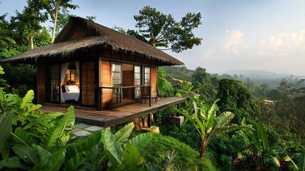 Hut perched above dense jungle. Generative by AI