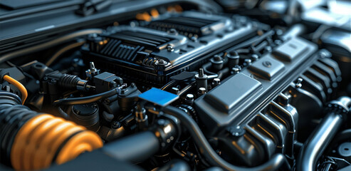 Two black gadgets and a blue card in the box on top of the engine compartment, car engine. Generative AI.