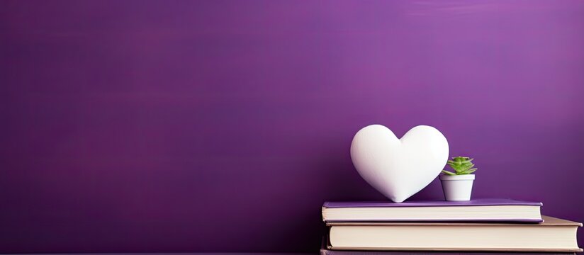 A minimal style copy space image showcasing a purple background with a small white heart containing patches surrounded by upright books A top view that represents the concepts of reading self help an