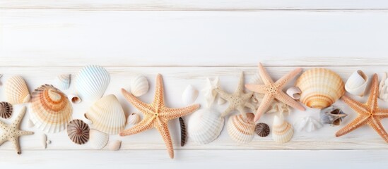 A summer themed copy space image featuring a top view of starfish and seashells on a white wood texture background