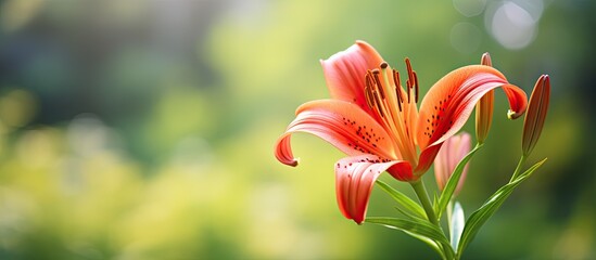 Fototapeta premium A macro photograph of a red lily blossom taken outdoors with a blurred green garden background The image contains copy space