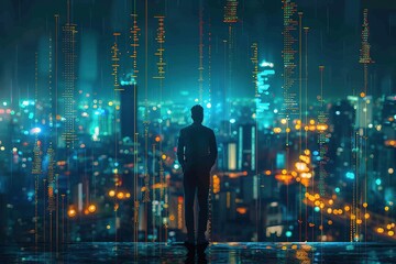 Fototapeta premium The silhouette of people in office buildings at night in the city