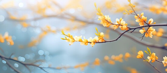 A blurred natural background showcases a tree in a blooming spring garden with branches adorned in yellow buds creating a copy space image