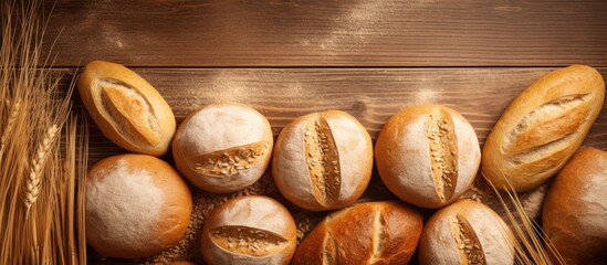 A top down view of a bakery themed background featuring freshly baked crispy bread and buns garnished with ears of wheat The image has copy space