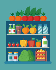 While grocery stores boasted displays of perfectly shaped fruits and vegetables discarded and deemed unfit for purchase a nearby food pantry struggled to keep its shelves stocked. Vector illustration