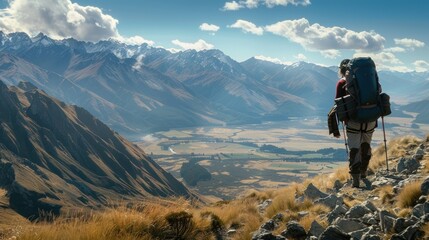 A backpacker hiking through rugged mountain terrain, with a breathtaking view of valleys below.