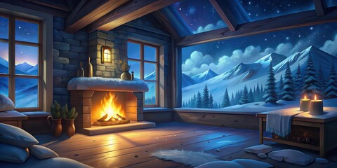 Cozy fireplace in a mountain cabin with snowy landscape views , cabin, fireplace, cozy, rustic, wooden beams, snowy, mountains, winter, furnishings, wood, fire, warmth, cozy interior, snow