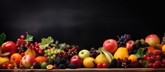 Autumn fruits and small empty blackboard with black copyspace or advertising area