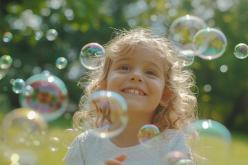 Smiling girl happily playing with soap bubbles in the park. With a blurred background of green trees.