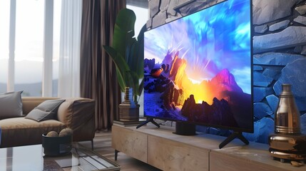 TV led mock up screen. Smart TV on a curbstone in an interior of the living room