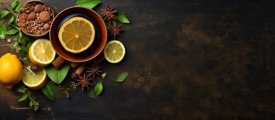 A top view image of a hot drink made with black and green tea lemon honey cinnamon and ginger The copy space is available - Powered by Adobe