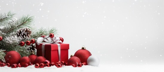 A visually captivating Christmas card featuring a red gift box festive fir branches with cones and silver and red Christmas balls The beautiful composition is set against a clean white background wit
