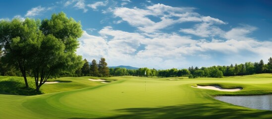 Obraz premium A vibrant golf course with a golf club surrounded by lush green scenery Ideal for a copy space image