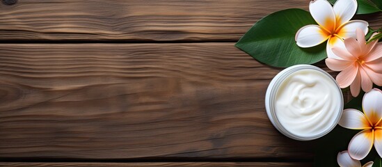 Naklejka premium A copy space image featuring a wooden background adorned with both moisturizer and flowers