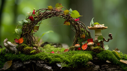 Enchanted Forest Display with Colorful Mushrooms and Moss-Covered Structures..