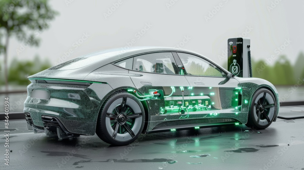 Poster an electric car and charging station placed on the ground, 3d rendering of transparent car with gree