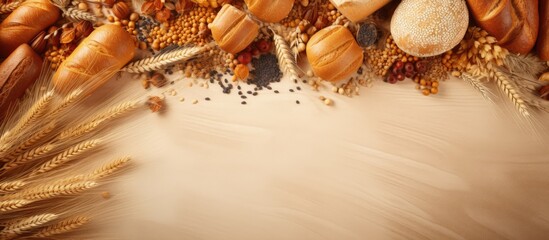 Obraz premium A top down view of a bakery themed background featuring freshly baked crispy bread and buns garnished with ears of wheat The image has copy space