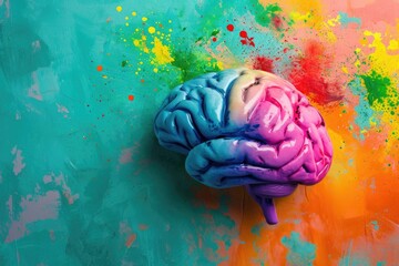 Vividly Colored Brain Model on Abstract Artistic Background. National Mental Health Awareness