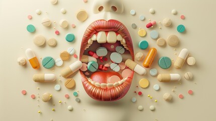 Colorful Open Mouth Taking Multiple Pills Representing Mental Health, Vitamins, Medicine, and Painkillers