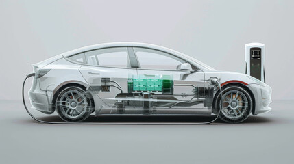 An electric car and charging station placed on the ground, 3D rendering of transparent car with green battery visible, white background. Generative AI.