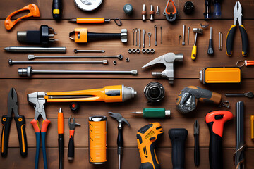 Right above the flat lay shots of various hand tools. Full frame shots of carpentry tools on the wooden floor. They represent the DIY concept. The concept of knolling.