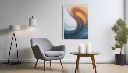 abstract minimalist art print with fluid shapes displayed on a white wall, accompanied by a gray chair and a brown wooden table, with a white candle adding a touch of ambiance