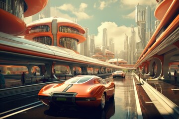 Red Spaceship Hovering Over Futuristic Cityscape