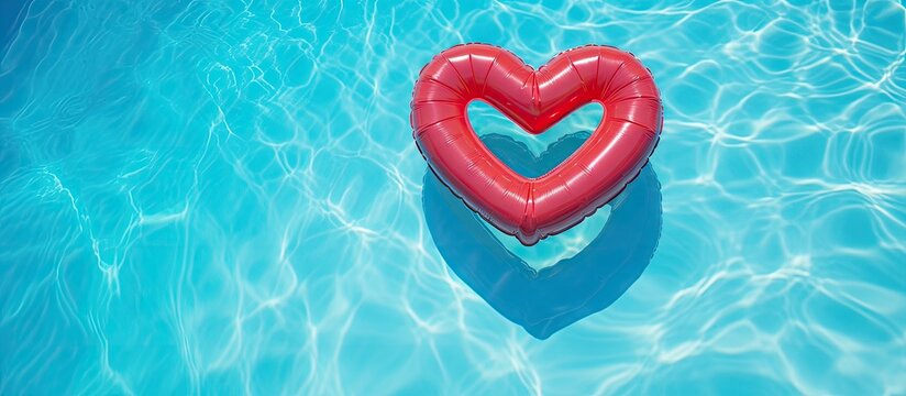 A heart shaped inflatable ring floats in a sunny swimming pool offering an overhead view There is ample room for text in the image
