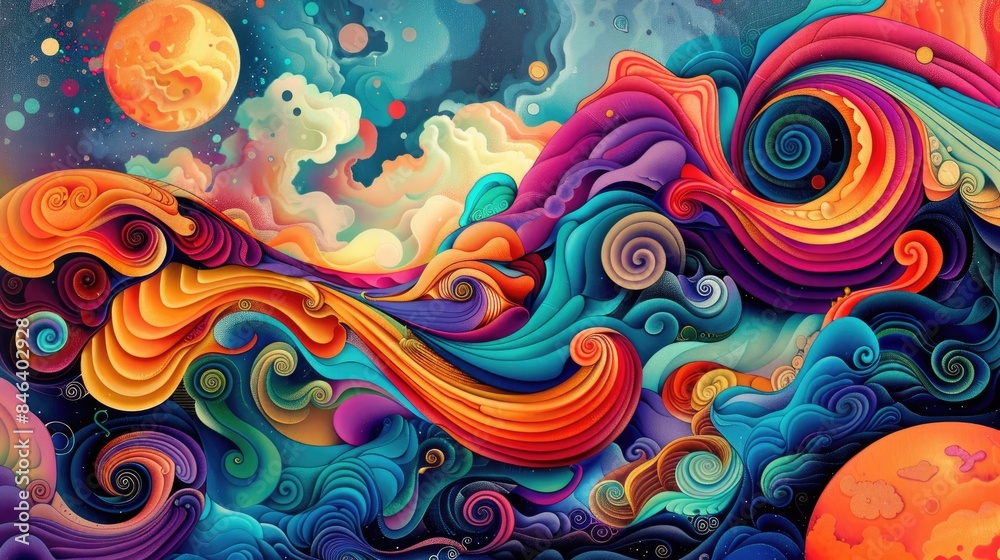 Poster multicolored abstract swirls and vibrant patterns create a psychedelic background