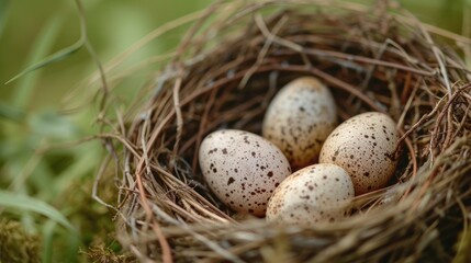 Nest with Speckled Eggs Encircled by Green Leaves