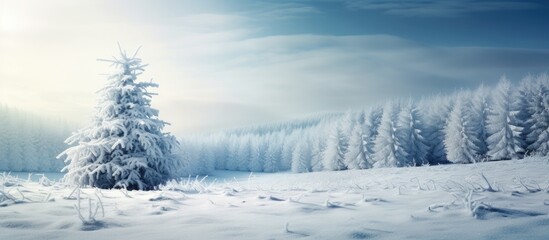 A serene winter scene with a snowy pine Christmas tree covered in hoar frost creates a magical wonderland The blurry snowflakes in the background with copy space set the stage for the coming of winte