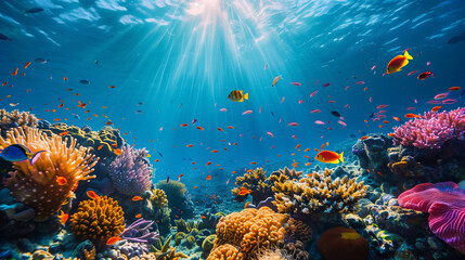 Obraz premium Underwater Scene - Tropical Seabed With Reef And Sunshine. Coral reef ocean floor and natural sunlight underwater seascape, Pacific ocean, French Polynesia. An underwater scene where sunlight. 