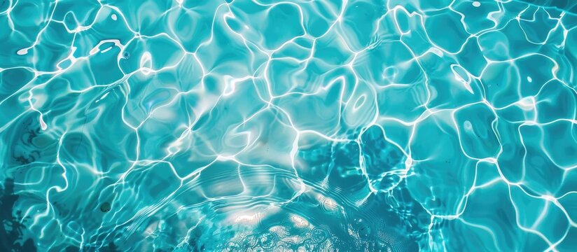 Abstract overhead view of empty swimming pool with crystal clear water surface and blue underwater pattern, devoid of any swimmers.