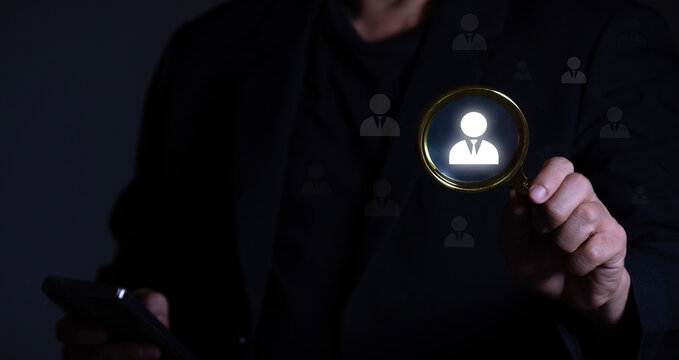 Target customer, buyer persona, marketing segmentation, job recruitment concept. Working on computer focusing on outstanding person.