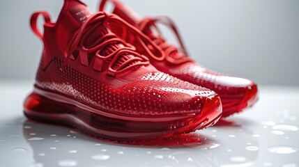Red sneakers close-up on a white background.