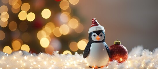 A penguin toy decoration is shown up close with flickering Christmas tree garland lights in the background The image has a shallow depth of field and relates to the concept of Xmas gift cards