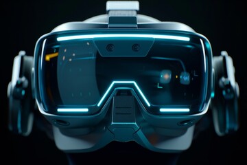 Obraz premium High tech VR goggles with blue lighting, showcasing modern virtual reality technology in a dark environment 