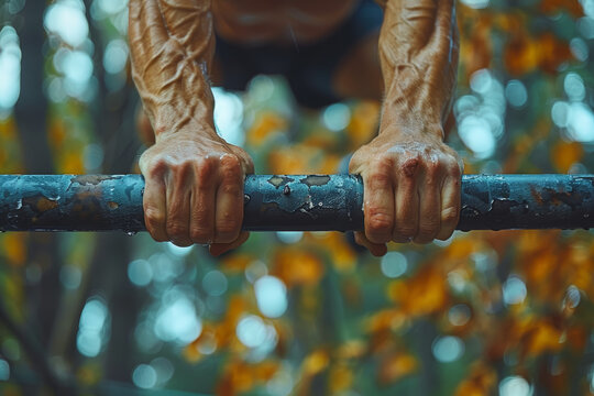 A person doing tricep dips on parallel bars. Concept of arm strength and muscle definition. Generative Ai.