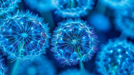 Fototapeta premium A crisp close-up of dandelions against a blue and black backdrop The dandelions' focus sharp, while their centers soften into a gentle blur