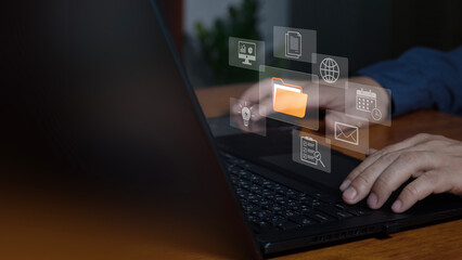 Document management system (DMS) technology, database on computer to store files document data digital. file storage process with security. information technology concept.