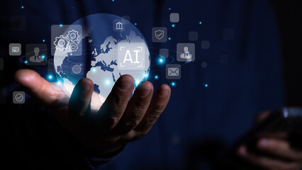 Businessman's hand holding virtual global internet connection technology, global internet connection of business and digital marketing, finance and banking, technology, digital link, big data