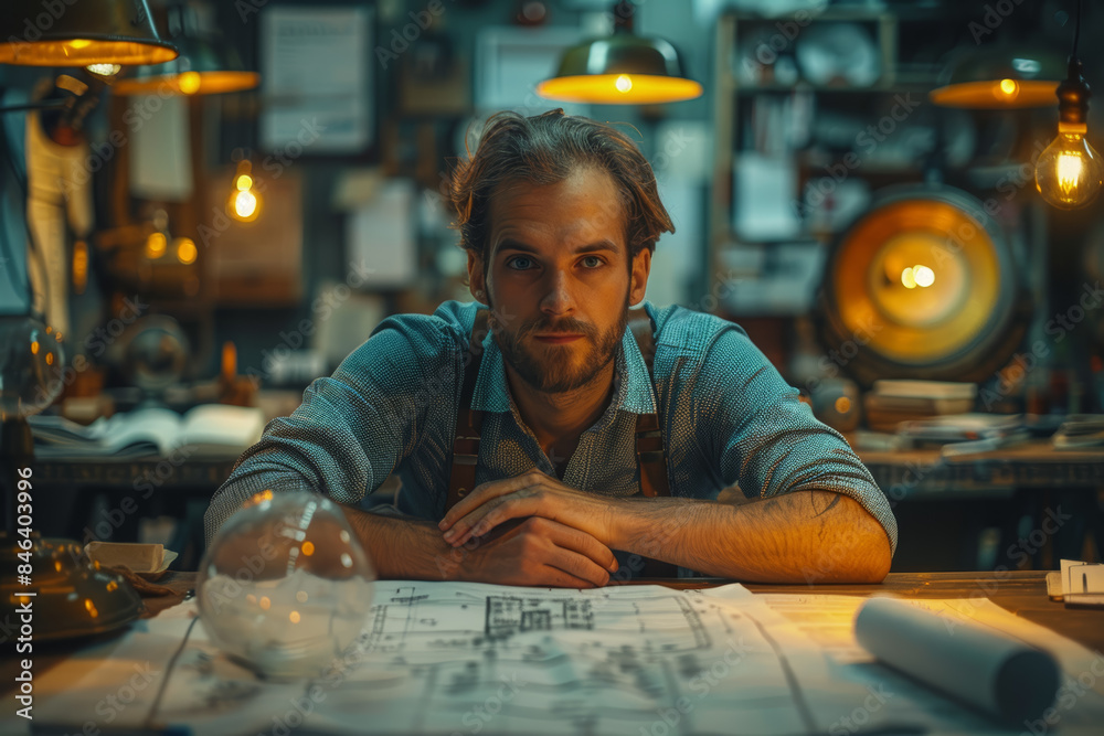 Poster an inventor surrounded by floating blueprints and glowing ideas. concept of invention and creativity