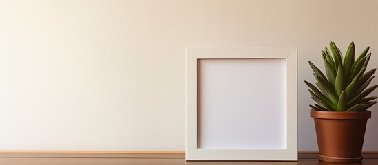 A contemporary picture frame rests on a wooden floor offering ample copy space for your creative input