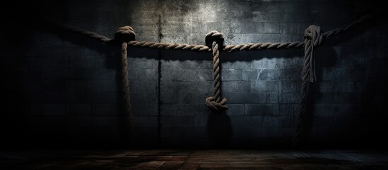 A dark and somber still life concept featuring an old rope looped on a textured prison wall This image portrays the concept of suicide with vignette lighting adding to the eerie atmosphere Ample copy